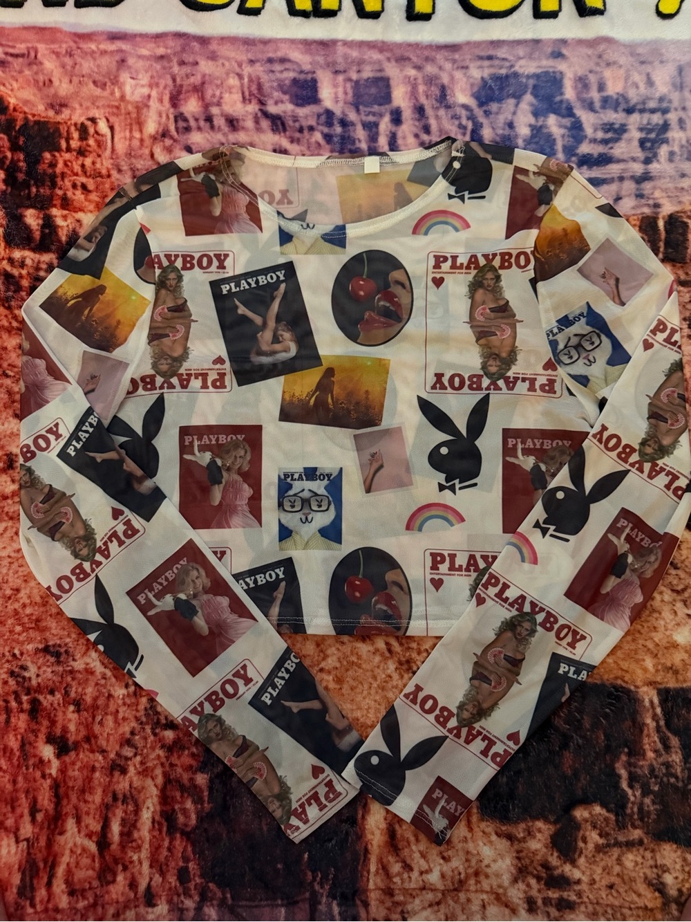 PLAYBOY Multicolor Graphic Collage Long Sleeve Crop Top